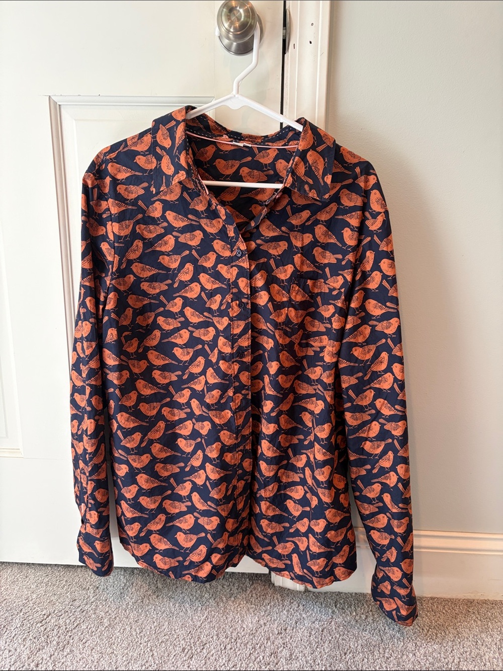 Boden Navy Button-Down with Orange Bird Print